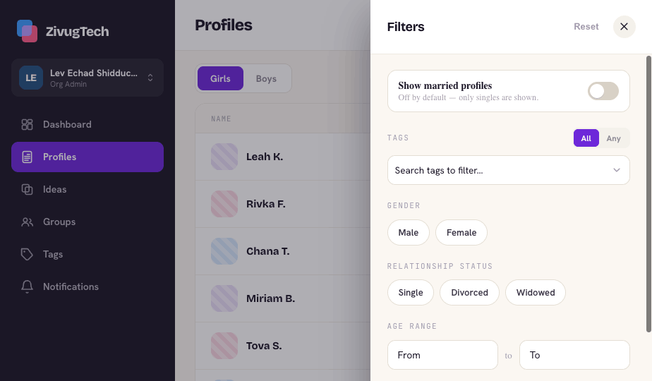 Profiles list with the filters panel open